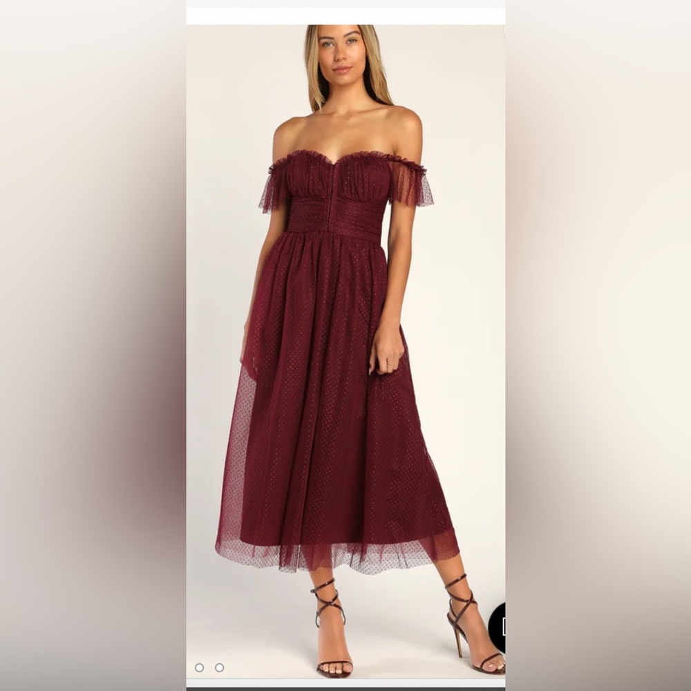 Regal Radiance Burgundy Tulle Bustier Midi Dress
